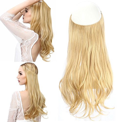 Blonde Hair Extension Halo Hairpiece Long 18" Secret Natural Wavy Synthetic Hair Pieces For Women Flip in Hidden Wire Crown Headband Japan Heat Temperature Fiber No Clip in (M01#27/613)