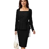 Women's Pleated Work Long Sleeve Bow Knot Bodycon Dress Square-Neck Fited Office Business Casual Midi Pencil Dresses