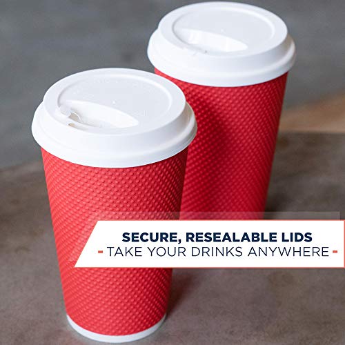 Glowcoast Disposable Coffee Cups With Lids - 16 oz To Go Coffee Cup With Lid (70 Set). Large Togo Travel Paper Hot Cups Insulated For Hot and Cold Beverage Drinks, No Sleeves Needed (Poppy)