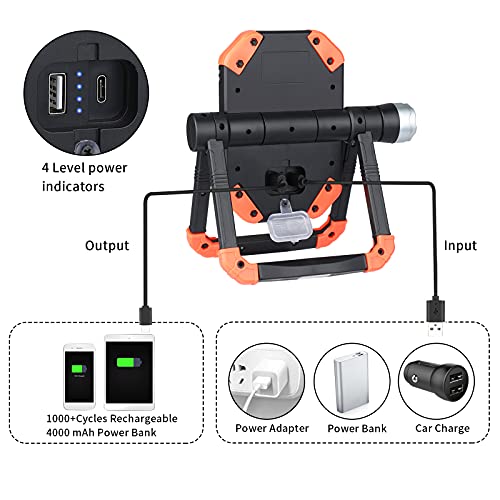 LED Work Light Rechargeable, 2000LM 3 COB Magnetic Working Lights with 4000mAh Mobile Charge and 360° Rotation Stand, Waterproof Portable LED Flashlight Work Light for Car Repairing (Orange)