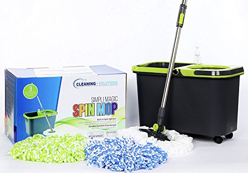 Cleaning Solutions 79117 Stainless Steel Spin Mop with 3 Microfiber Mop Head Refills, Soap Dispenser, 4 Wheels and Extendable Pole