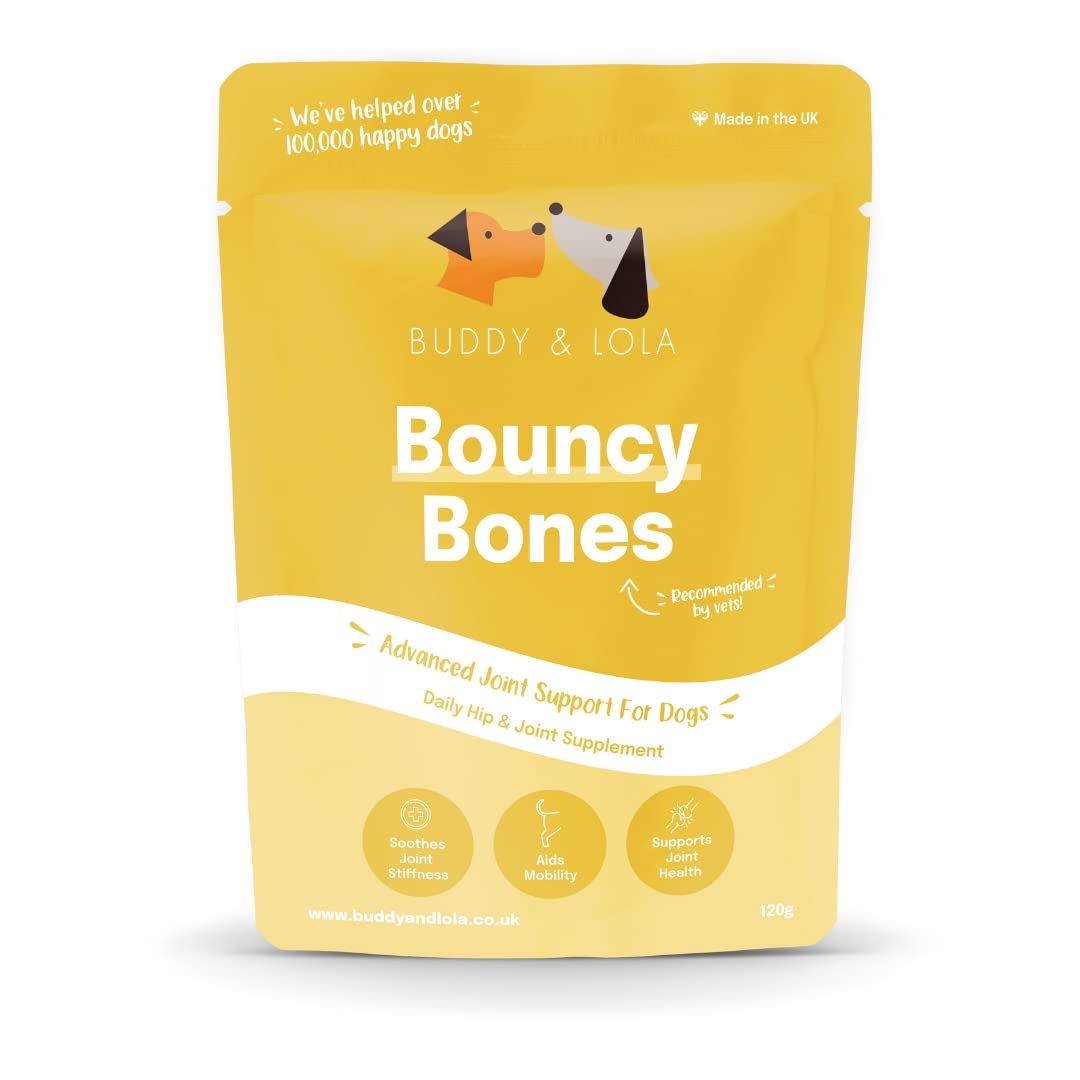 Buddy & Lola Joint Supplements For Dogs With Glucosamine, Chondroitin, Green Lipped Mussel - 10 Key Dog Vitamins, Bouncy Bones Helps with Pain Relief, Joint Support & Stiff Joints