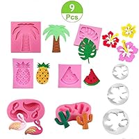 Jasonsy Hawaiian Tropical Rain Forest Theme Cake Fondant Mold Set,Flamingo/Pineapple/Cactus/Watermelon/Tropical Leaf/Coconut Palm Tree/Coconut Tree Flower Candy Silicone Mold Cake Decoration(9 pcs)