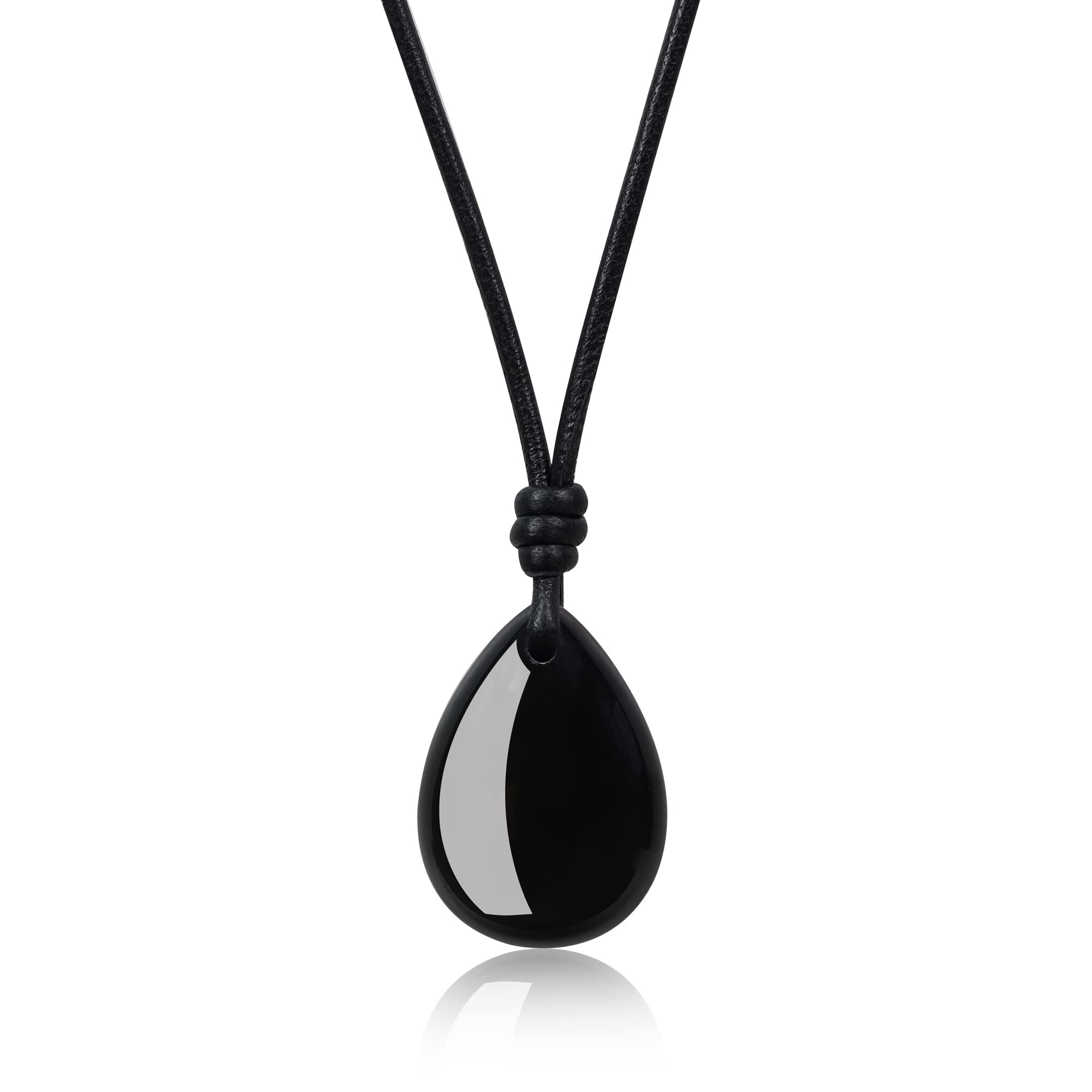 COAI Leather Teardrop Crystal Necklace for Women Men, Black Obsidian