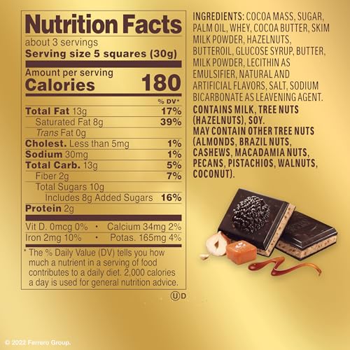 FERRERO ROCHER PREMIUM DARK CHOCOLATE HAZELNUT AND CRUNCHY SALTED CARAMEL BAR, CHOCOLATE GIFT, 8 PACK, ​3.1 OZ EACH