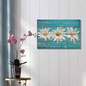 Flowers on Sky Blue Vintage Wood - Canvas Art Wall Art - 12"x18"