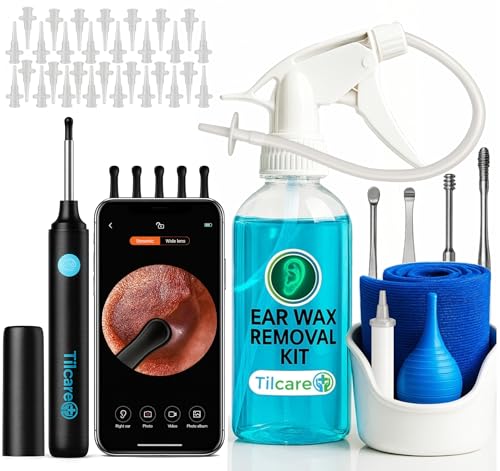 Ear Wax Removal Tool with Ear Camera by Tilcare - Ear Irrigation Flushing System for Adults & Kids - Perfect Ear Cleaning Kit - includes Basin, Syringe, Curette Kit, Towel and 30 Disposable Tips