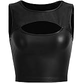 WDIRARA Women's PU Leather Cut Out Tank Tops Sexy Crew Neck Sleeveless Crop Tops