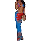 Verdusa Women's 3 Piece Swimsuits Floral Print Bikini Sets with Beach Cover Up Skirt