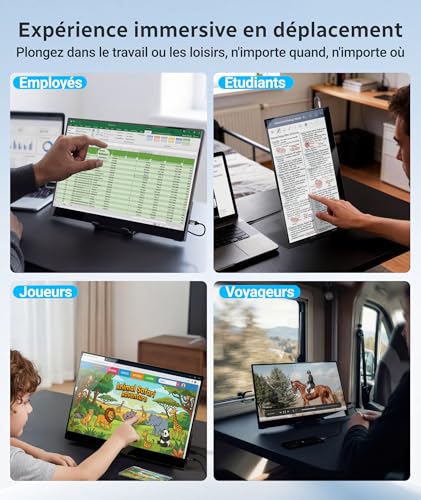 Ingnok Écran Tactile Portable 15,6 Pouces Brillant FHD IPS Moniteur Portable avec Béquille/VESA, Ultra-Leger Ecran Portatif pour Ordinateur Portable/PC/Mac/PS3/4/5/X-box - Connectivité USB C et HDMI