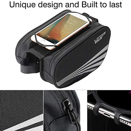 VUP Bike Bag for Top Tube, Bicycle Front Tube Frame Bags w/Open-face 180°Rotatable Silicone Strap Phone Holder Fit 4 to 6.5 inche Cell Phone, Road Bike Accessories