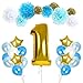 Treasures Gifted Happy First 1st Birthday Boy Decorations with Wonderland Supplies for Babys Banner Blue White and Gold Pom Poms Party Latex Foil Mylar Celebration Decor
