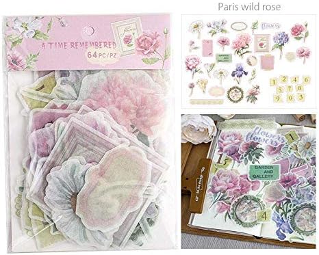VANGOAL 64 PCS Ephemera Pack, Multiple Themes Retro Style Self Adhensive DIY Note Stickers for Notebooks, Greeting Card, Photo Frame, Cup, Phone Case, Scrap Book (Paris Wild Rose)