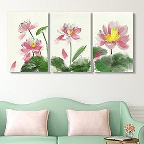 3 Panel Canvas Wall Art - Watercolor Painting Style Colorful Lotus Flower and Leaves - Giclee Print Gallery Wrap Modern Home Art Ready to Hang - 16"x24" x 3 Panels
