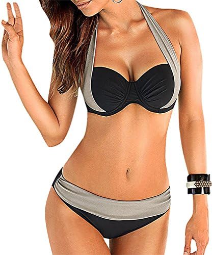 BKNY, Women's 2 Piece Black Grey Wide Strap Bikini Set Banded Push Up Bra, Black M (Manufacturer size L)