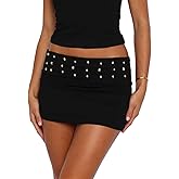 Women Studs Fold Over Micro Skirt Low Waist Punk Bodycon Mini Skirts Trendy Skinny Night Out Party Skirt