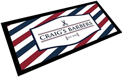 Artylicious Personalised Barbers shop, scissors Stripes White label bar mat runner counter mat