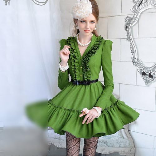 Amazon Co Jp フリル付ヨーロピアンデザインフレアーミニワンピース ミニ丈 レディース エレガント フォーマル 英国風 姫系 お嬢様 フェミニン ヨーロッパデザイン 小さいサイズ あります 緑 グリーン フレア Vネック L 服 ファッション小物