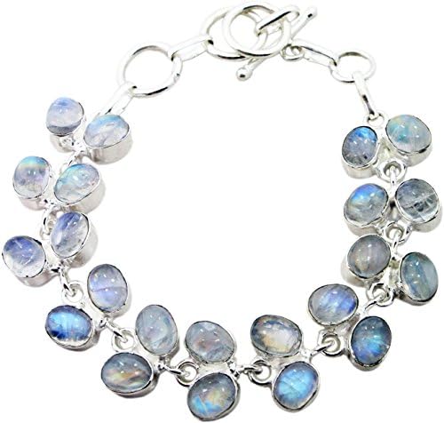 Designer Sterling Silver Overlay Clasp Bracelet with Genuine Rainbow Moonstone Gemstones