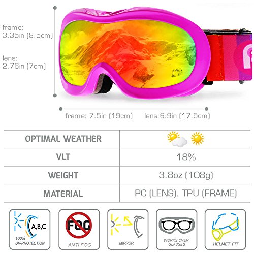 PP PICADOR Kids Ski Goggles, Kid Snow Snowboard Goggles for Boys Girls 4-7 with Over Glasses OTG Design Anti-Fog Lens 100% UV Protection Helmet Compatible(Pink) - Thumbnail 3