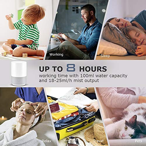 Essential Oil Diffuser Humidifier 100ML, Small Cool Mist Humidifier, USB Powered Essential Oils Diffuser with 7-Color Mood Lights, Mini Air Humidifier Vaporizer with Auto Shut Off Function, Gift Idea