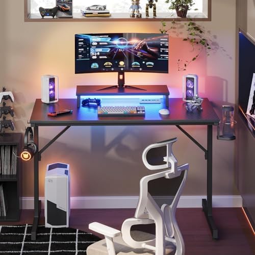 Escritorio Gaming 106.6CM LED Escritorio de Ordenador con Soporte de Monitor Estación de Trabajo Gamer con Portavasos Ganchos para Auriculares para el Hogar Oficina Dormitorio Pequeño Espacio