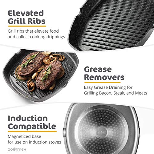GOURMEX 11" Induction Grill Pan Black, Nonstick Griddle for Meat, Fish and Vegetables Indoor