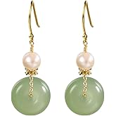 LOOYUUPEE Natural Jade & Freshwater Pearls Earrings Dainty Handmade Earrings for Women Dangle Hook Earrings Drop Earrings Lucky Jewelry Gift for Mom Lover Her (14K Gold Filled)