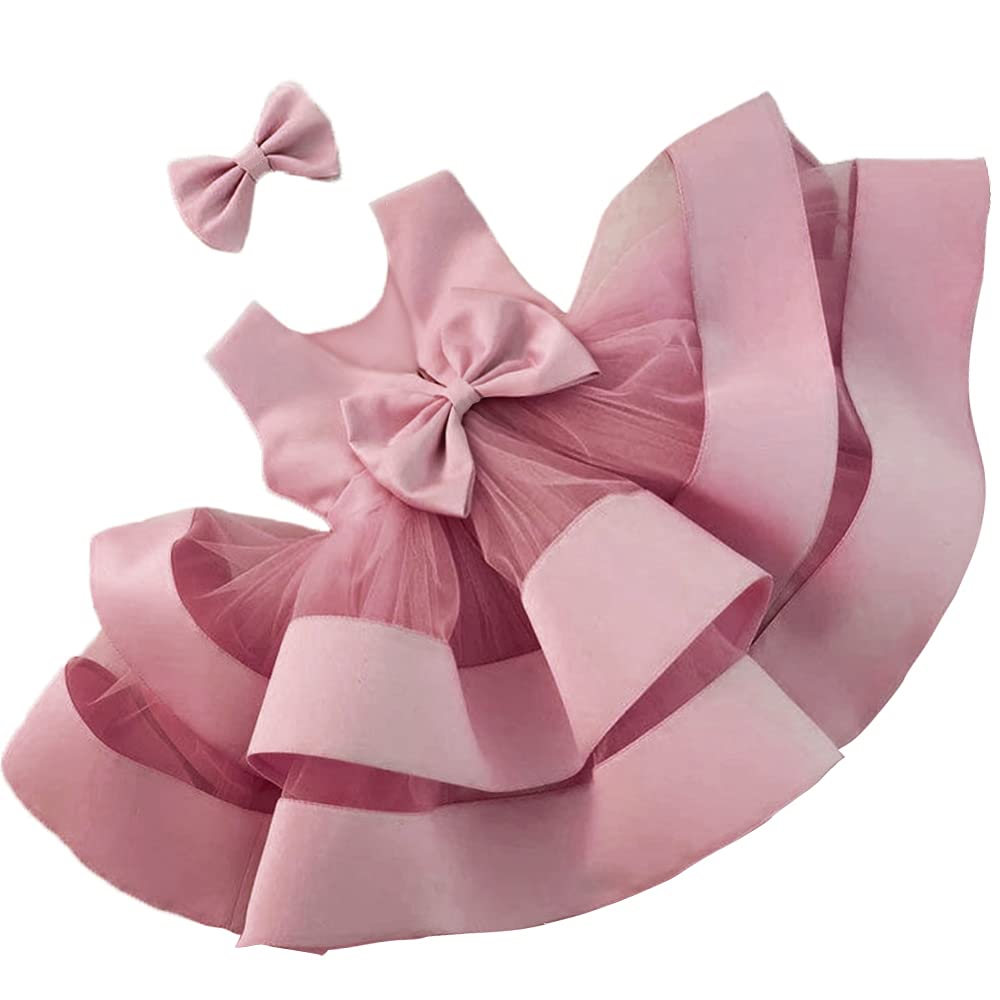 Photo 1 of Baby Princess Girls Bowknot Dresses Toddler Lace Ruffles New Year Easter Tutu Dress with Hair Bow 12m 18m Bean Powder 80