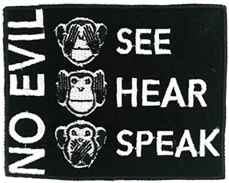 MONKEYHEAD-BK - Monkey See Hear Speak No Evil Iron-on Applique Embroidered Patch, Approx. Size 8.8 X 7 Cm., Black Color