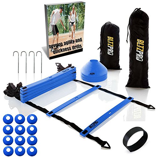 Bltzpro AGILITY LADDER with SOCCER CONES-A Fitness Training Gear used by Athelets & Coaches for teams sports.16ft | Adjustble Rungs| 12 Cones| 2 Carry Bags| 4 pegs |footwork drills ebook