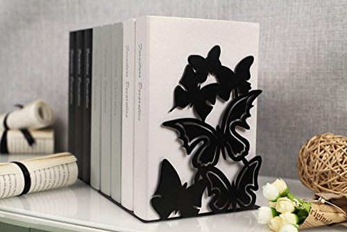 Unique Metal Bookends - Butterfly Book Ends - Decorative Bookend for cookbooks, home office on the desk (Black)