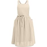 Cotton Linen Apron for Women Girls Cross Back Kitchen Cooking Aprons with Pockets Vintage Baking Gardening Work Apron Pinafore Dress Cute Work Art Painting Florist Shop Overalls Apricot-02 One Size