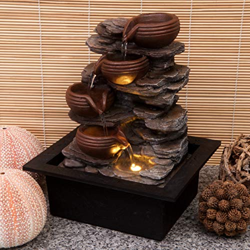 Cascading Bowls on Rocks Formation Indoor Water Fountain with LED Light