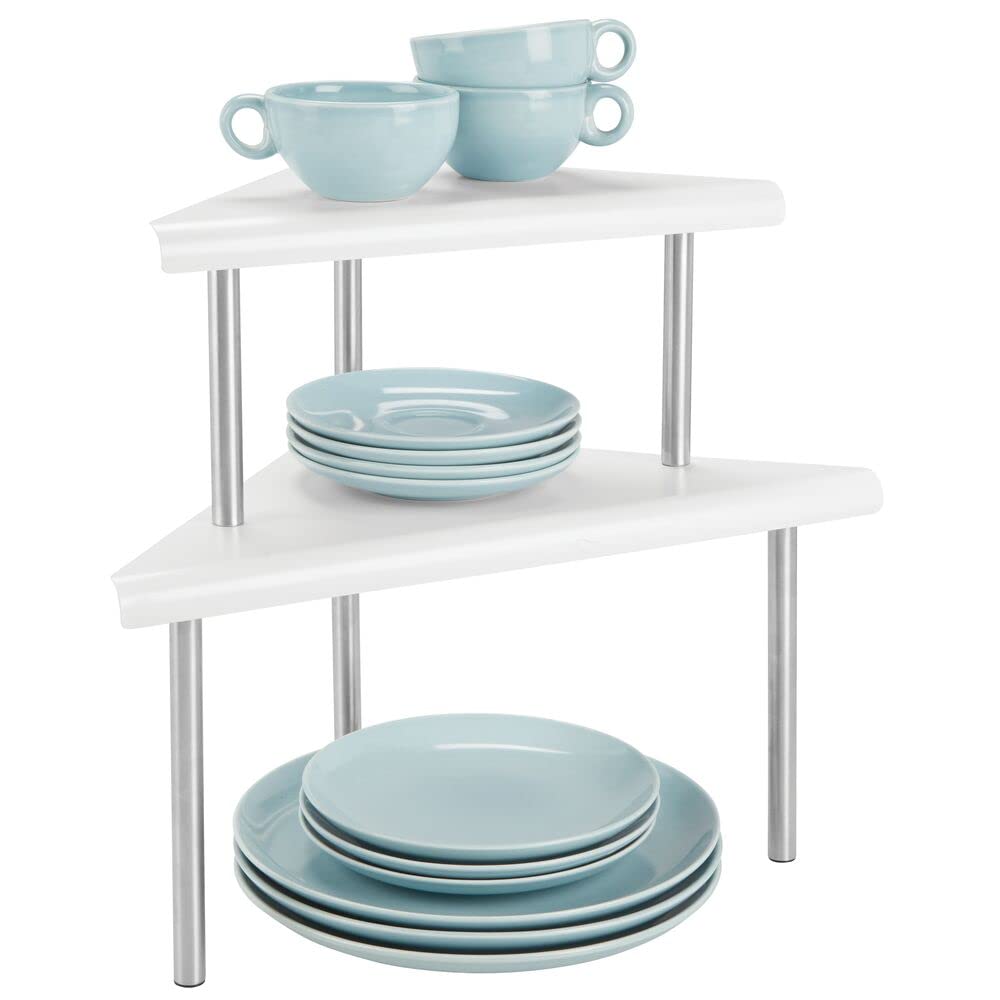 mDesign 2 Tier Kitchen Shelf - Kitchen Storage for Corner Worktops and Cabinets - Metal and Stainless Steel Two Tier Kitchen Storage - Matt White/Matt Silver