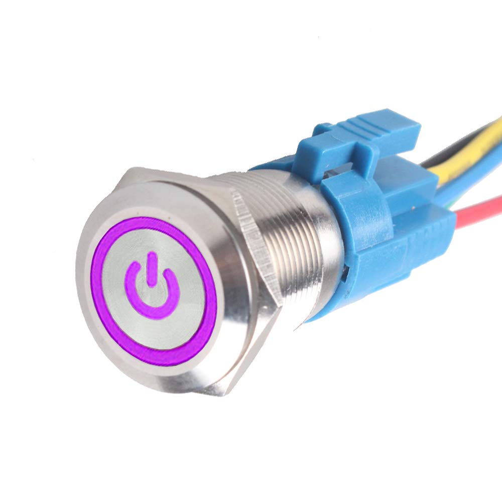 Mintice™ 19mm 12V 5A Power Symbol Angel Eye Halo Car Vehicle Purple LED Light Metal Push Button Toggle Switch Socket Plug