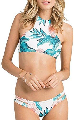Tropical Leaves Print Beachwear Bathing Suits High Neck Bikini Set Swimsuit