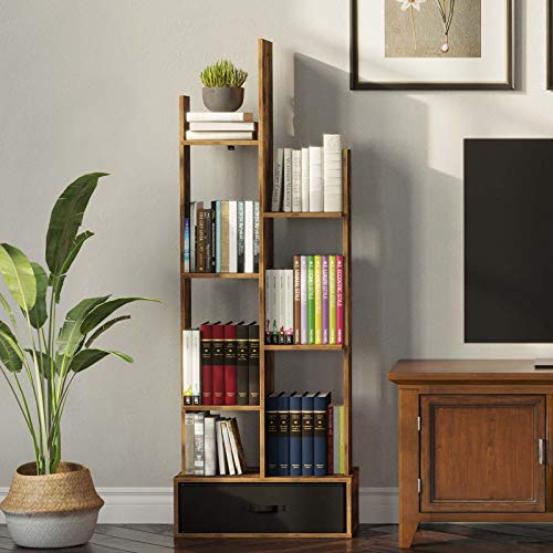 Rolanstar-Bookshelf-Bookcase-with-Drawer-Free-Standing-Tree-Bookcase-Display-Floor-Standing-Storage-Shelf-for-Books-CDs-PlantsUtility-Organizer-Shelves-for-Living-Room-Bedroom-Home-Office