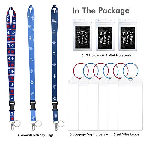 Cruise Luggage Tag Holders & Lanyards with Waterproof ID Key Card Holder. Essential Cruise Ship Accessories Set. 3 Lanyards + 3 ID Holders + 6 Etag Holders. Nautical Collection A
