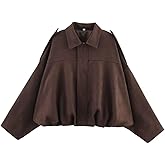 IWEMEK Womens Faux Suede Bomber Jacket Casual Lapel Pilot Cropped Coat Oversized Motorcycle Fall Trendy Outerwear Streetwear