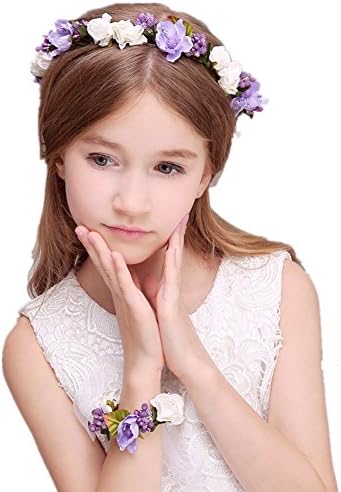 beauty YFJH Flower Wreath Headband Crown with Floral Wrist Band Set Garland Halo for Wedding Festivals (Purple)