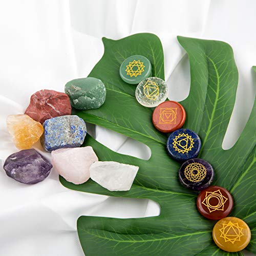 Chakra Stones,Natural Reiki Healing Crystal Chakra Stone Set Includes 7 Engraved Chakras,7 Chakra Raw Stones,Used for Yoga, Meditation, Zen, Aura Cleansing,Chakra Balance (7pcs-7pcs Raw Stones)