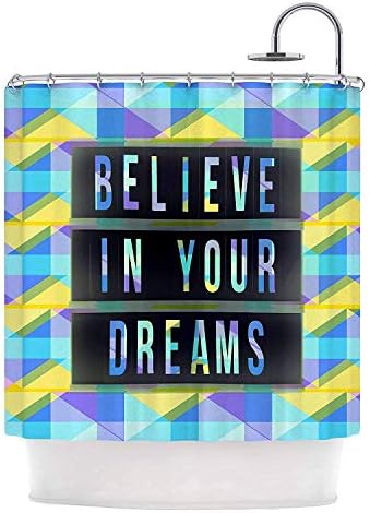 Flaun Alyzen Moonshadow Believe in Your Dreams 1; Blue Yellow Typography Shower Curtain,