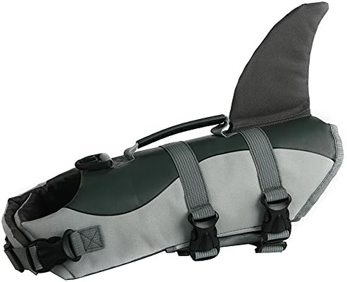 Kathsun Ripstop Adjustable Dog Life Jacket Neoprene With Soft Rubber Handle - Float Coat life jacket for Dogs, Buoyant, Secure, Safety, 2 Styles Shark And Fish 3 Sizing (Shark, L)