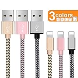 OTISA Phone Charger Cable, 3Pack 6FT 5FT Nylon Braided Charger Cord, Compatible Phone xs/xsmax/xr/8/8plus/7/7plus/6/6plus pad pod & More (Gold/Pink/Silver)