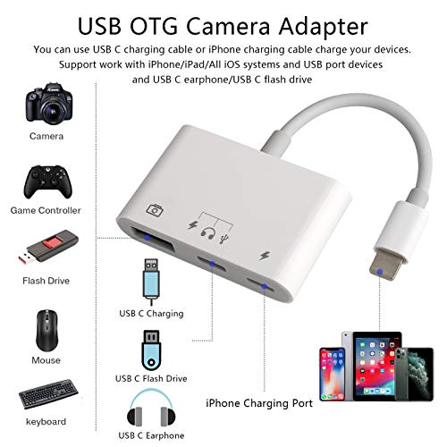 Aimuli USB OTG Camera Adapter, 3 in 1 USB Female OTG Adapter Compatible with iPhone/iPad, Portable USB Adapter Compatible with iPhone with Charging Port and USB C Port, Support Card Reader