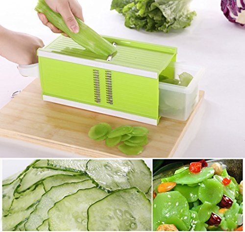 Linkcool Mandoline Slicer Kitchen Tools Set with Blades for Fruit and Cheese Cutter,Carrot Grater,Onion Chopper,Julienne Peeler with Safety Hat And Container(4 in 1 Green)