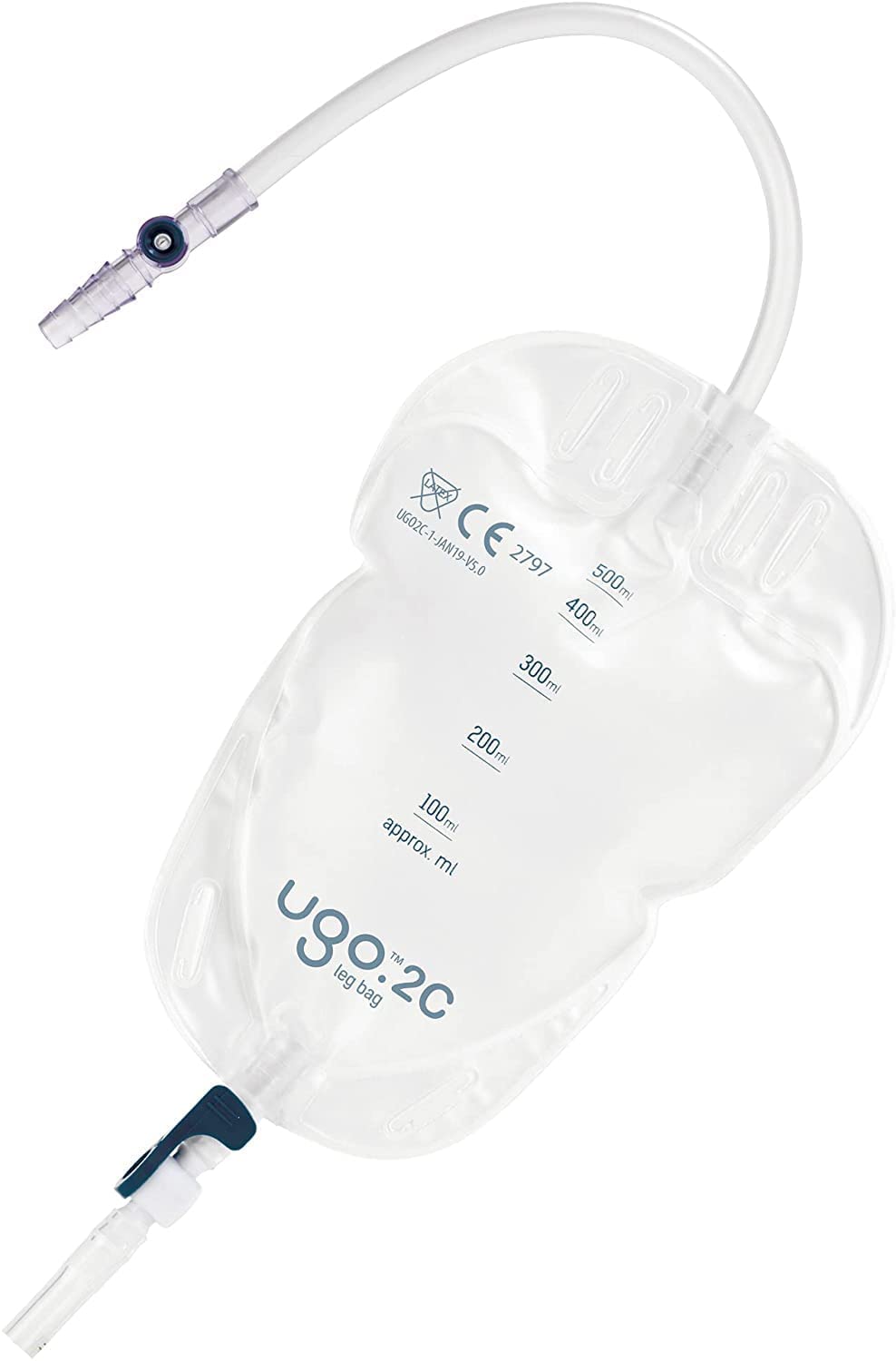 Ugo Leg Bags (x10) – Urine Drainage Bags/Catheter Leg Bags, T Tap or Lever Tap with Soft Fabric Backing and a Natural Leg-Shape Design, Leg Bag for Men and Women (2C - 500ml, Long Tube, Lever Tap)