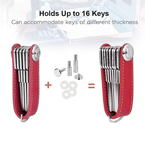 Bosiwee Smart Key Organizer, Compact Key Holder Leather Keychain, Folding Pocket Key Holder Chain (up to 16 Keys), Red