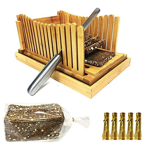 Bread Slicers for Homemade Bread with Crumb Catcher Tray, Compact Foldable Bamboo Bread Cutter Guide, 100 Bread Bags & 100 Twist Ties, Thickness Adjustable, Thick & Thin Slices 1/3", 3/8" and 1/2"